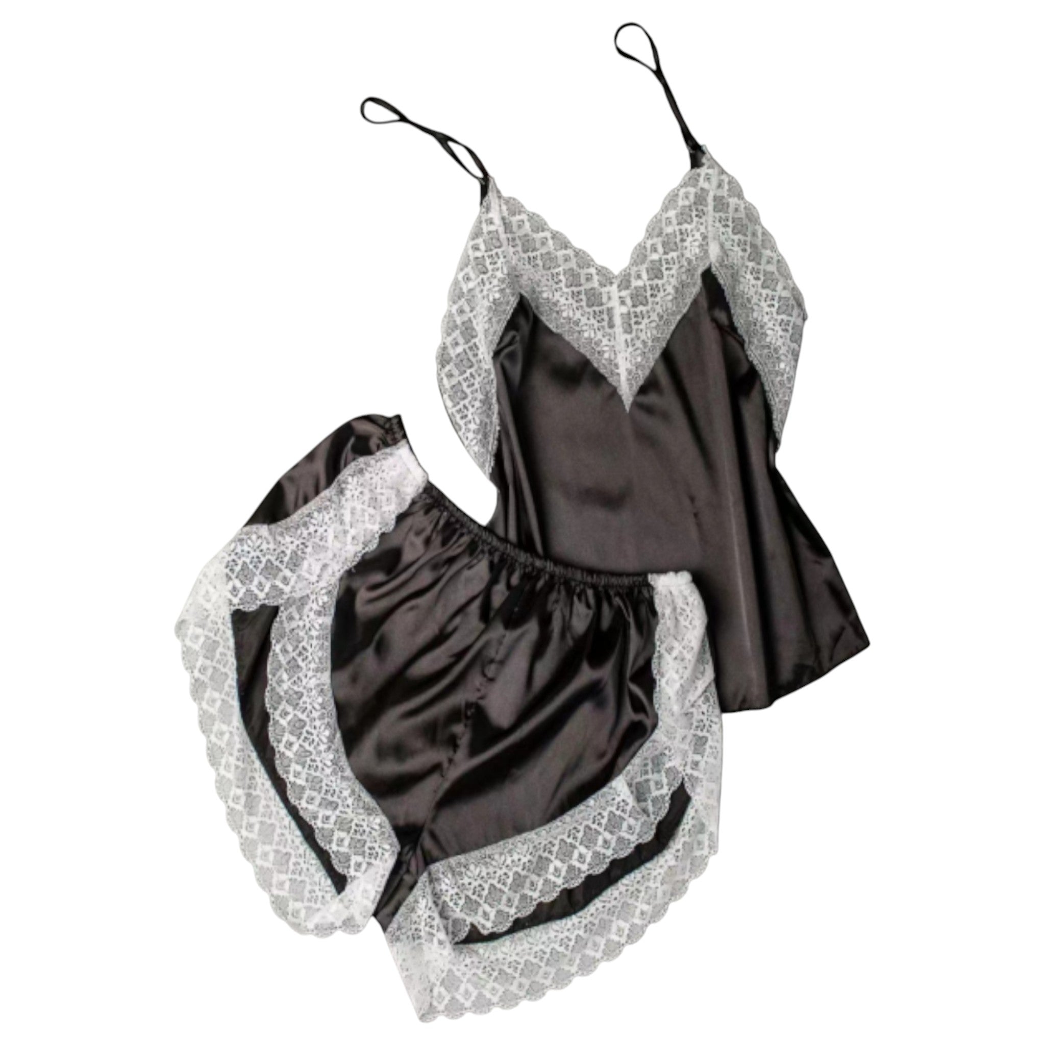 Ladies Soft Touch Silk Feel Lace Trim Pyjama Set
